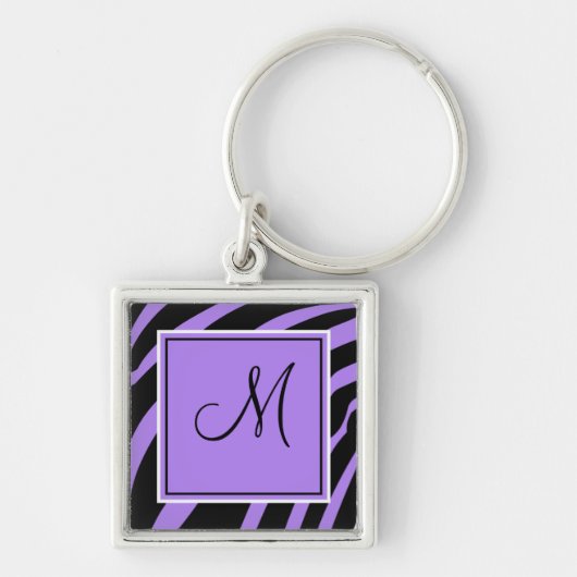 Paarse en zwarte monogram Zebra Print Sleutelhange Sleutelhanger (Voorkant)