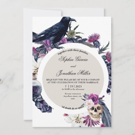 Paarse en zwarte Moody Dark Wedding Invitation Kaart (Voorkant)