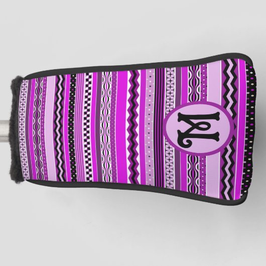 Paarse en zwarte Pattern Play Stripes gepersonalis Golfheadcover (Voorkant)