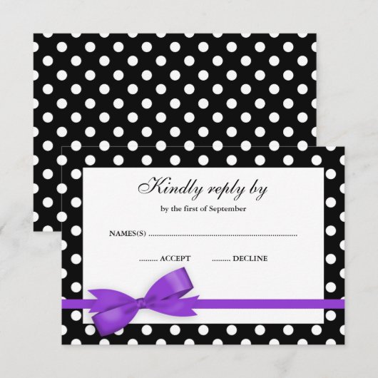 Paarse en zwarte poladot Bow RSVP Kaartje (Voorkant / Achterkant)