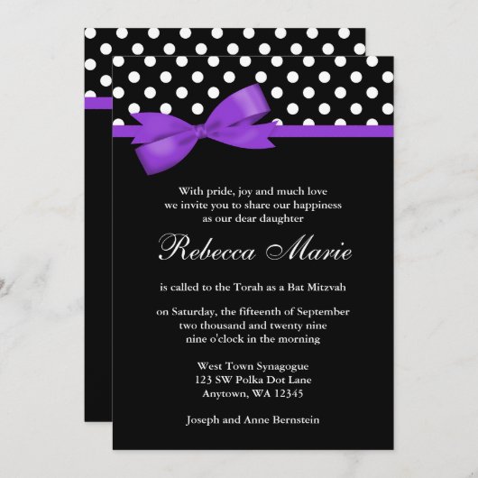 Paarse en zwarte poodots top bow bat Mitzvah Kaart (Voorkant / Achterkant)