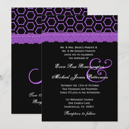 Paarse en zwarte Retro Lace Monogram Wedding V22 Kaart (Voorkant / Achterkant)