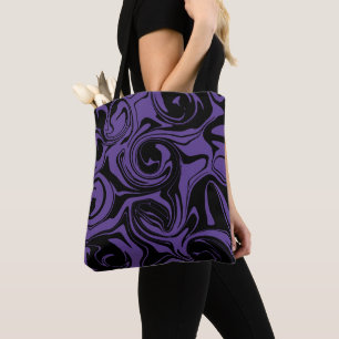 Paarse en Zwarte retro marmeren werveling Tote Bag