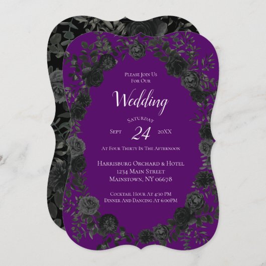 Paarse en zwarte Roos Gothic Wedding Kaart (Voorkant / Achterkant)