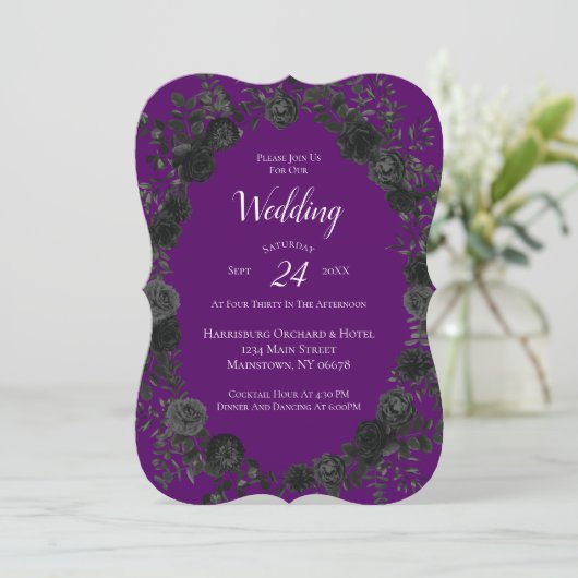 Paarse en zwarte Roos Gothic Wedding Kaart (Staand voorkant)