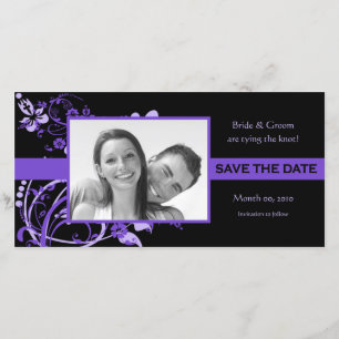 Paarse en zwarte save the date fotokaarten