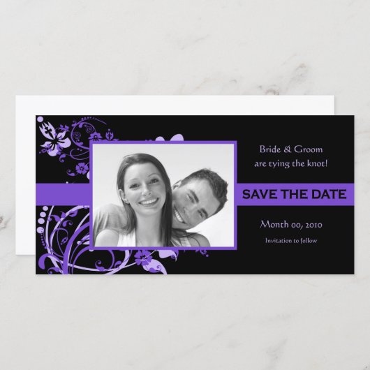 Paarse en zwarte save the date fotokaarten (Voorkant / Achterkant)