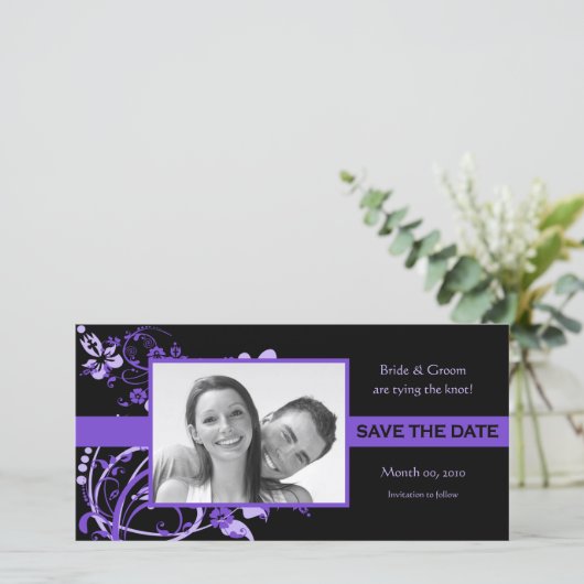 Paarse en zwarte save the date fotokaarten (Staand voorkant)