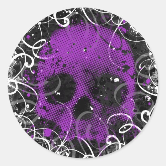 Paarse en zwarte schedel ronde sticker (Voorkant)