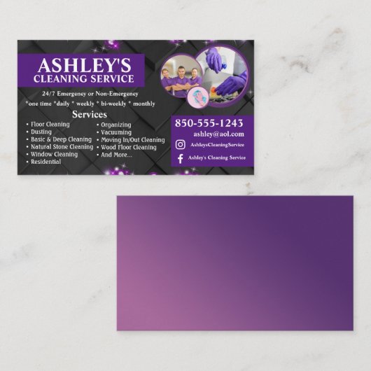 Paarse en zwarte Schoonmaak Service Visitekaartje (Voorkant / Achterkant)