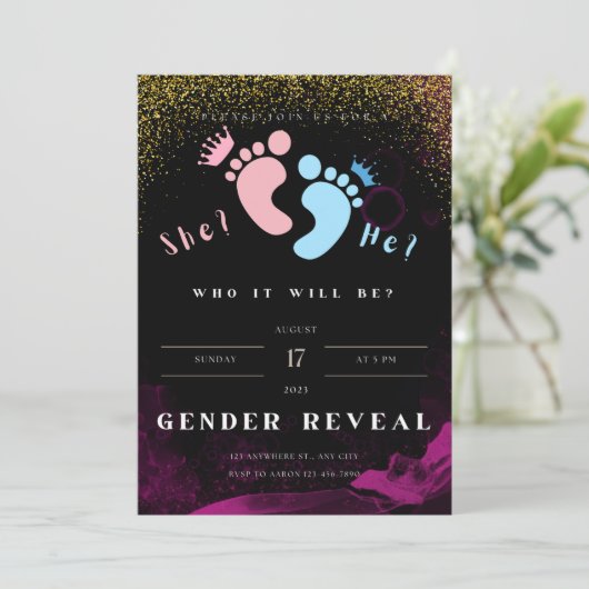 Paarse en zwarte sekse onthullen uitnodiging (Staand voorkant)