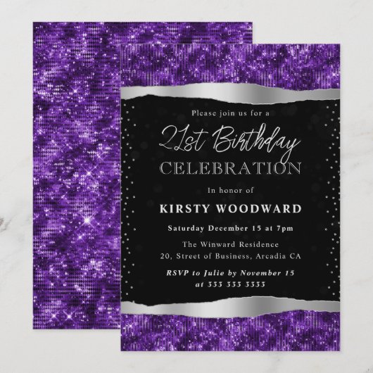 Paarse en zwarte Shimmer Glitter 21e verjaardag Kaart (Voorkant / Achterkant)