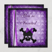 Paarse en zwarte Skulls lint & Glitter-uitnodiging Kaart (Voorkant / Achterkant)