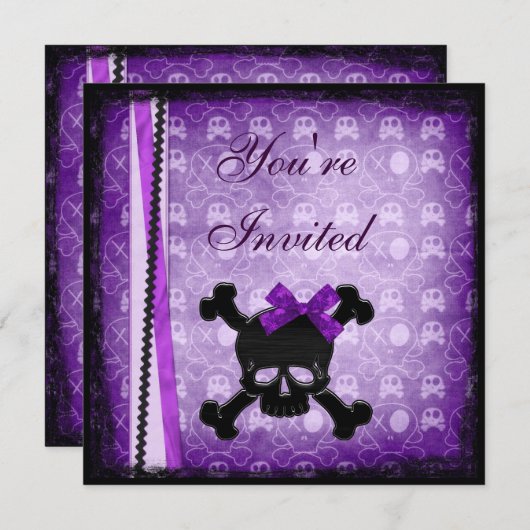 Paarse en zwarte Skulls lint & Glitter-uitnodiging Kaart (Voorkant / Achterkant)