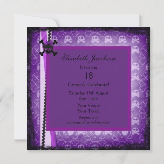 Paarse en zwarte Skulls lint & Glitter-uitnodiging Kaart (Achterkant)
