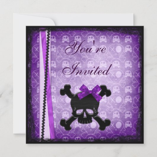Paarse en zwarte Skulls lint & Glitter-uitnodiging Kaart (Voorkant)