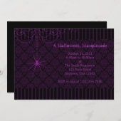 Paarse en zwarte Spin Damask Halloween-uitnodiging Kaart (Voorkant / Achterkant)