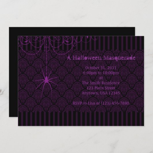 Paarse en zwarte Spin Damask Halloween-uitnodiging Kaart (Voorkant / Achterkant)