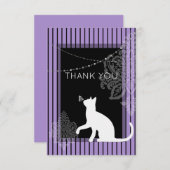 Paarse en zwarte strepen en witte kat bedankkaart (Voorkant / Achterkant)