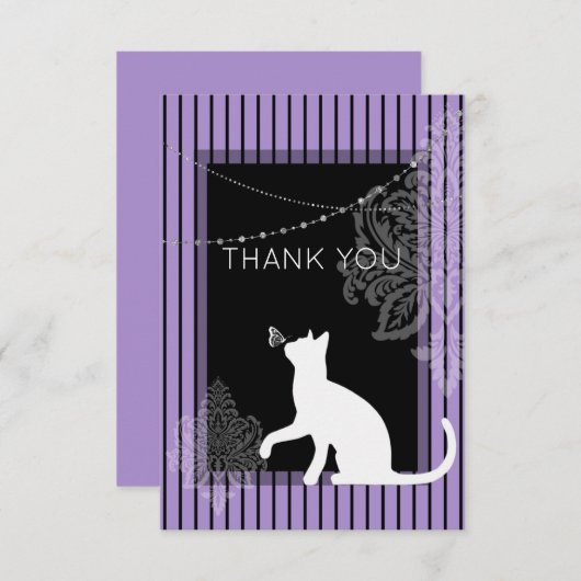 Paarse en zwarte strepen en witte kat bedankkaart (Voorkant / Achterkant)