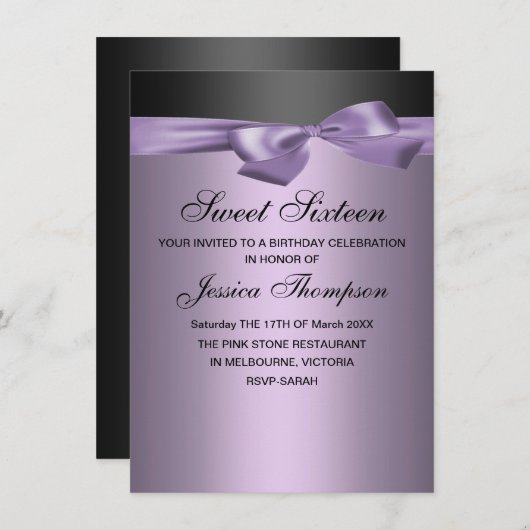 Paarse en zwarte strik Sweet 16 verjaardagsuitnodi Kaart (Voorkant / Achterkant)