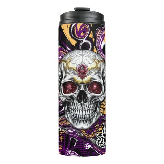 Paarse en zwarte Sugar Skull Halloween Thermosbeker (Voorkant)