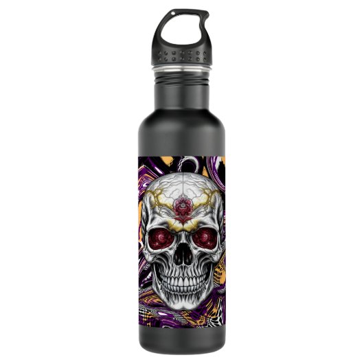 Paarse en zwarte Sugar Skull Halloween Waterfles (Voorkant)