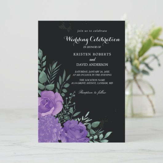 paarse en zwarte trouwuitnodigingen kaart (Staand voorkant)