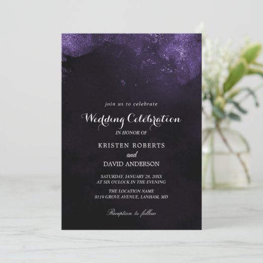 paarse en zwarte trouwuitnodigingen kaart (Staand voorkant)