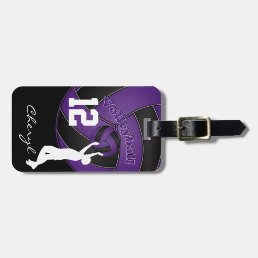 Paarse en zwarte volleybal bagagelabel (Voorkant horizontaal)