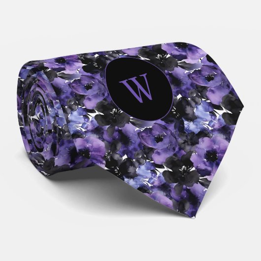 Paarse en zwarte Waterverf Floral Monogram Stropdas (Opgerold)