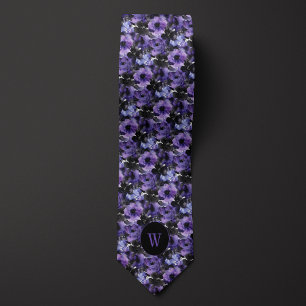 Paarse en zwarte Waterverf Floral Monogram Stropdas