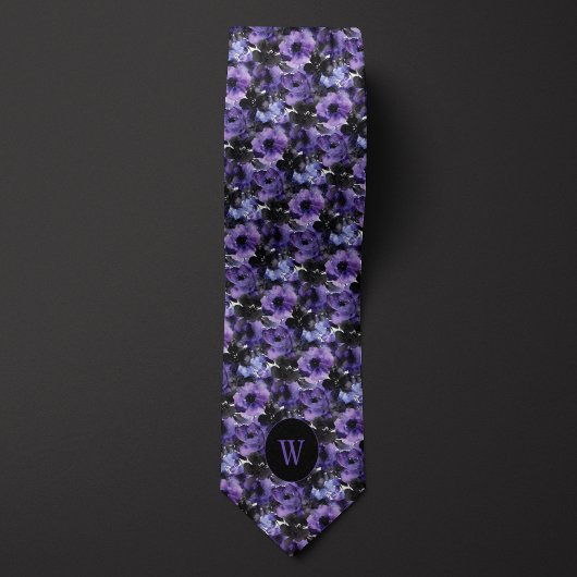 Paarse en zwarte Waterverf Floral Monogram Stropdas
