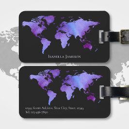 Paarse en zwarte Waterverf Wereldkaart gepersonali Bagagelabel