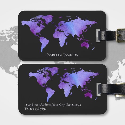 Paarse en zwarte Waterverf Wereldkaart gepersonali Bagagelabel