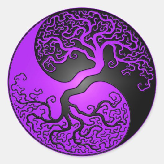 Paarse en zwarte Yin Yang-boom Ronde Sticker (Voorkant)