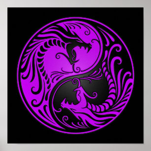 Paarse en zwarte Yin Yang Dragons Poster