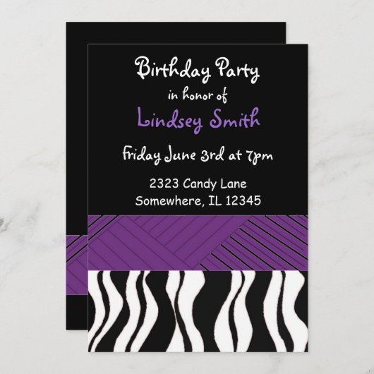 Paarse en zwarte zebra Afdrukdag uitnodiging (Voorkant / Achterkant)