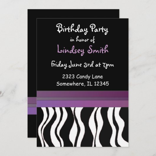 Paarse en zwarte zebra Afdrukdag uitnodiging (Voorkant / Achterkant)