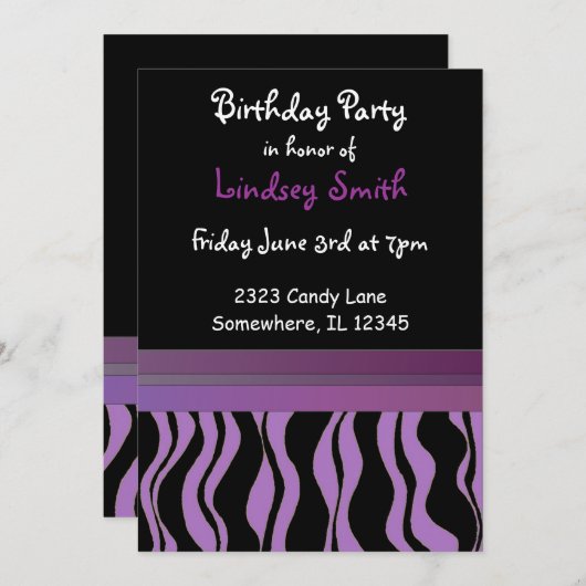 Paarse en zwarte zebra Afdrukdag uitnodiging (Voorkant / Achterkant)