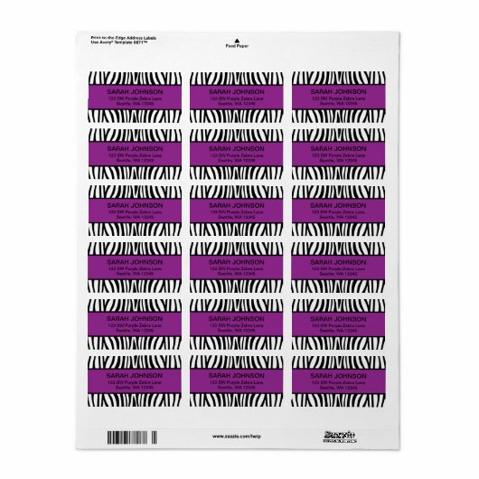 Paarse en zwarte Zebra Etiket (Full Sheet)