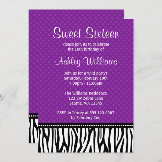 Paarse en zwarte Zebra poka Dot Sweet 16 Kaart (Voorkant / Achterkant)