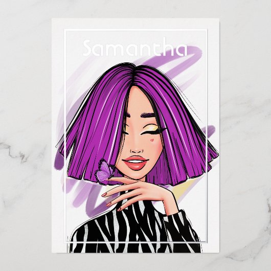 Paarse en zwarte Zebrastripes van Birthday Party Folie Uitnodiging (Voorkant)