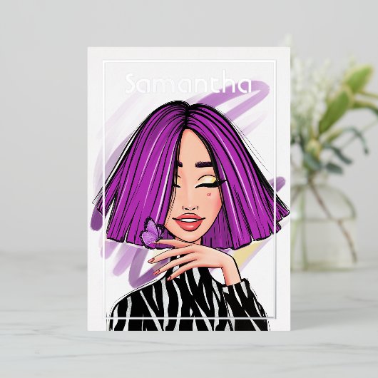 Paarse en zwarte Zebrastripes van Birthday Party Folie Uitnodiging (Staand Voorkant)