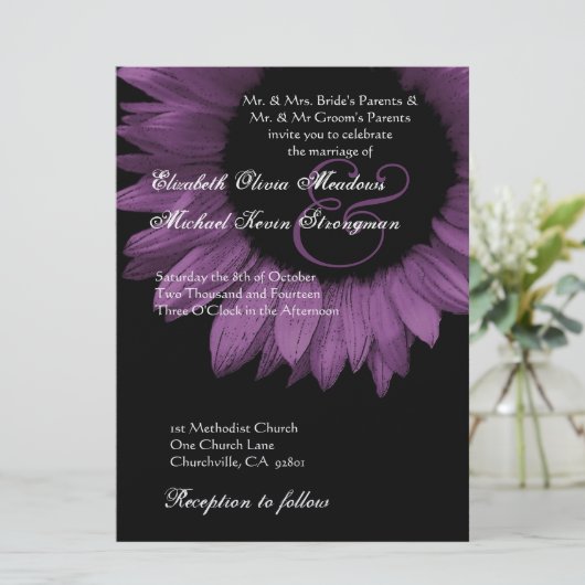 Paarse en zwarte zonnebloempjes kaart (Staand voorkant)