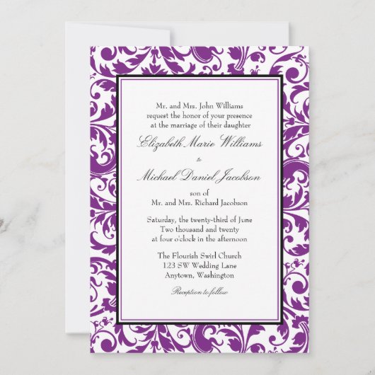Paarse en zwarte zwembroek Damask Wedding Kaart (Voorkant)