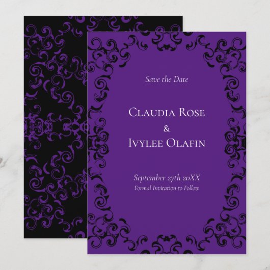 Paarse en zwarte zwitserse Gothic Wedding Kaart (Voorkant / Achterkant)