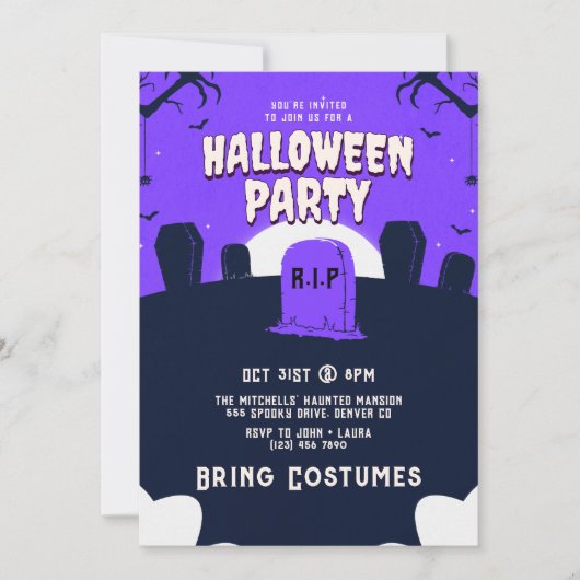 Paarse enge grafsteen Halloween Party Kaart (Voorkant)