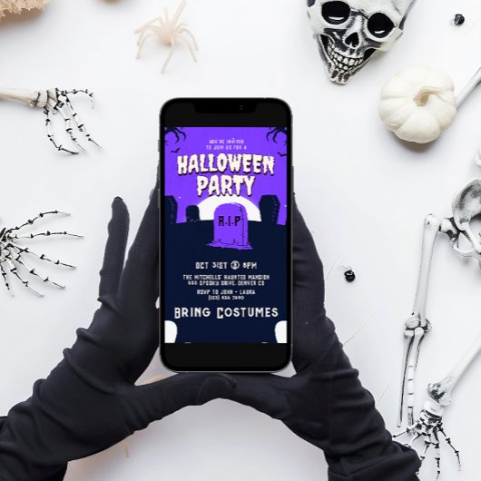 Paarse enge grafsteen Halloween Party Kaart