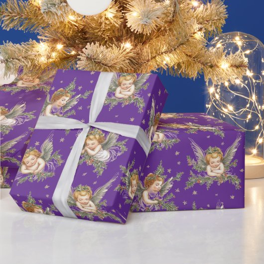  paarse engelen patroon cadeaupapier (Feestdagen)